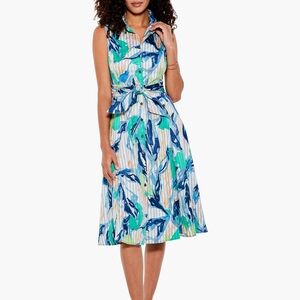 NWT NIC+ZOE Scribble Vines Blue and Green Patterned Midi‎ Shirt Dress Size M